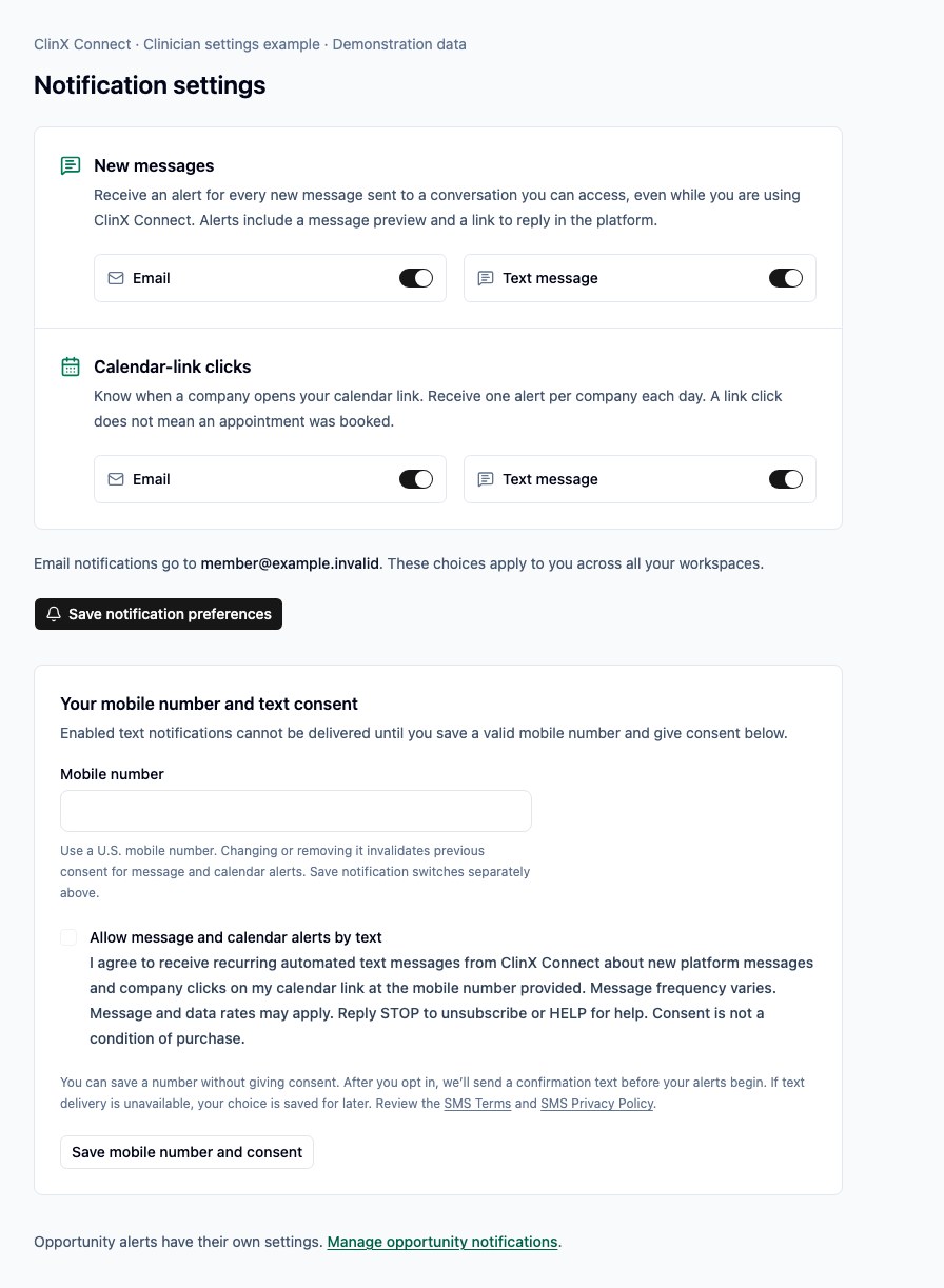 Clinician notification settings: mobile number field, unchecked optional text-consent choices, disclosure, and SMS Terms and Privacy links.