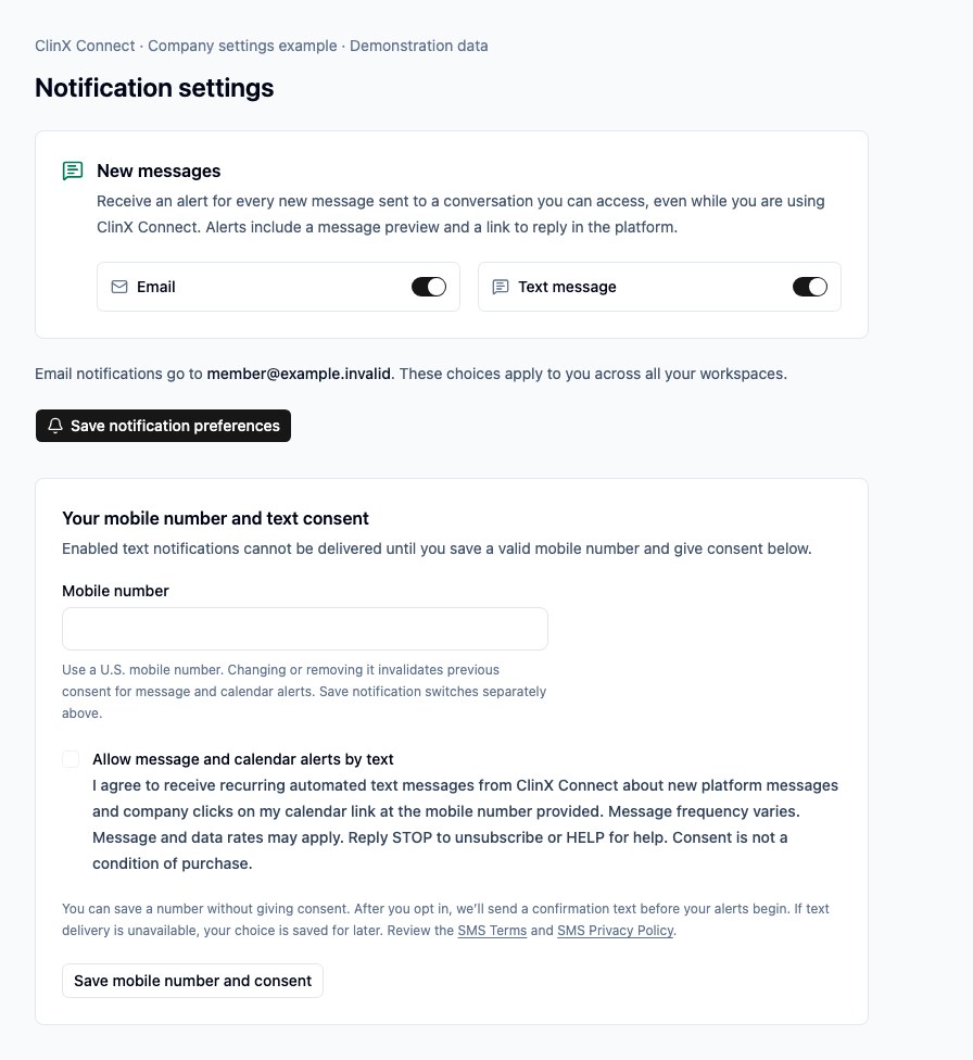Company notification settings: mobile number field, unchecked optional text-consent choices, disclosure, and SMS Terms and Privacy links.