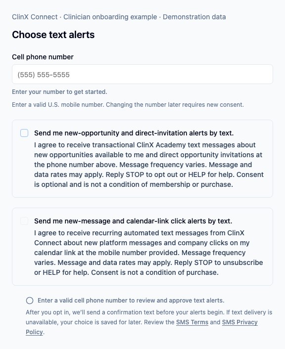 Optional clinician onboarding choices: mobile number field, unchecked optional text-consent choices, disclosure, and SMS Terms and Privacy links.