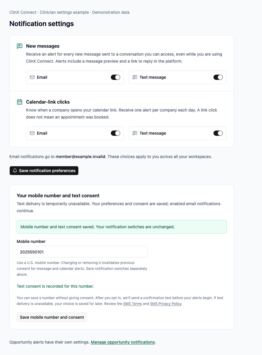 After saving: mobile number and text consent saved, consent recorded for the current number, and text delivery paused with confirmation pending.